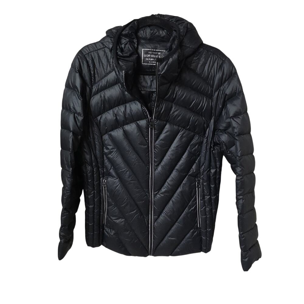 Lucky Brand Lightweight Black Packable Hooded Puffer Jacket Womens Size Large